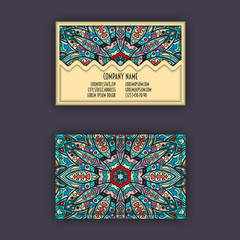 Vector vintage visiting card set. Floral mandala pattern and ornaments. Oriental design Layout. Islam, Arabic, Indian, ottoman motifs.