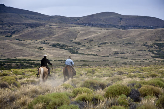 Gauchos riding horses, Patagonia, Argentina 