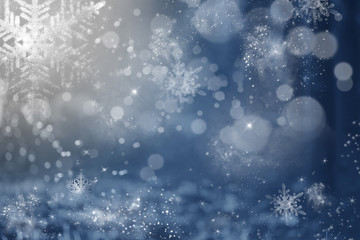 Blue holiday abstract background with stars and snowflakes