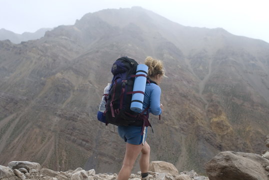 Backpacker heads up to first basecamp on Mount Aconcagua, Argentina