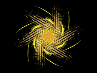 Fractal pattern of  yellow spiral flower, star on  black background