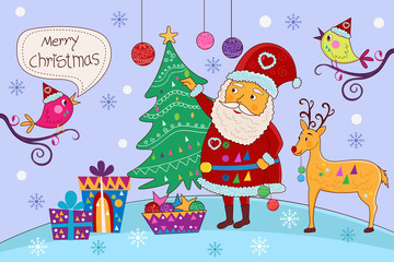 Santa with gift for Merry Christmas holiday celebration background