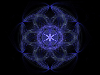 Fractal pattern of  blue star with hearts  on  black background