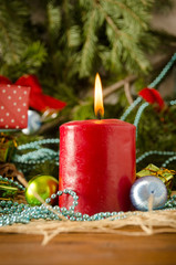 christmas candle balls fir branches close up