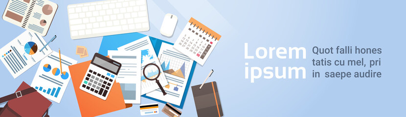 Workplace Desk Documents Papers Folder Office Stuff Top Angle View Flat Vector Illustration