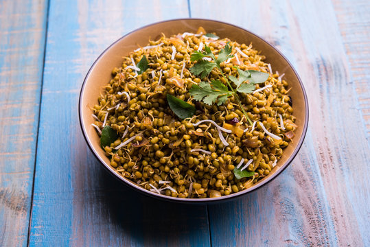 dry and simple moong dal usal or healthy sprouted Green gram spicy usal, fried in oil