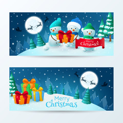 Vector set of banners with title "Merry Christmas". Snowmen with present and boxes with gifts. Christmas scene with santa's sleigh and deers.