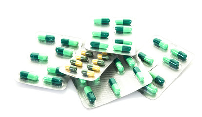 Expired drugs on white background