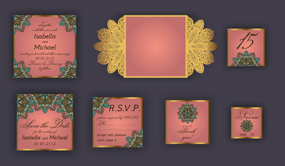 Fototapeta na wymiar Vintage wedding invitation design set include Invitation card, Save the date, RSVP card, Thank you card, Table number, Place cards, Paper lace envelope. Wedding invitation mock-up for laser cutting
