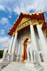 Beautiful white marble monastery Wat Benchamabophit in Bangkok. Thailand