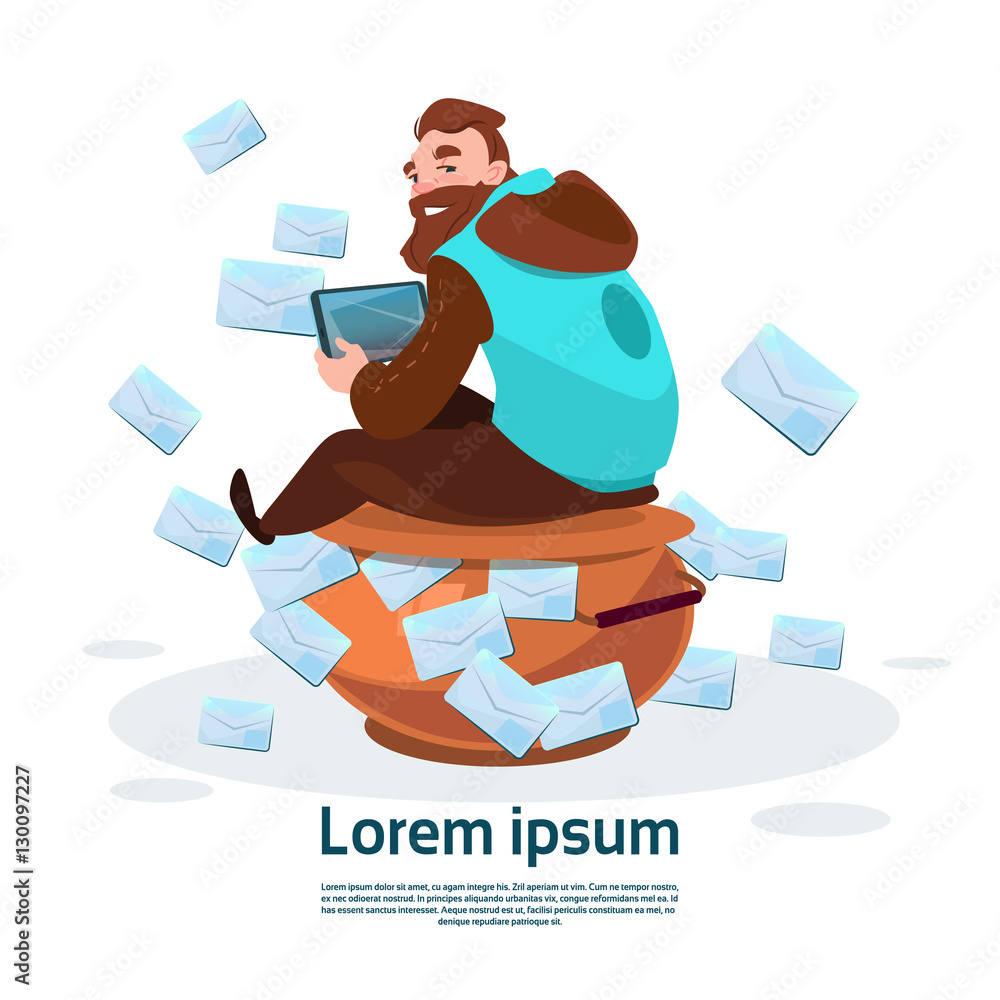 Poster man using tablet computer send message internet texting chat communication flat vector illustration