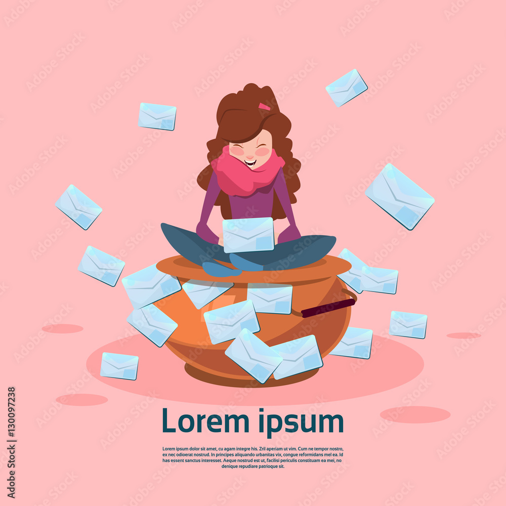 Poster woman using tablet computer send message internet texting chat communication flat vector illustratio