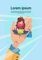 Hand Hold Woman With Shopping Bags Retail Store Sale Concept Flat Vector Illustration