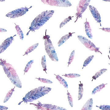 Watercolor feathers seamless pattern. Hand made element. Painting illustration. On white background. Violet blue pink color. Endless print wallpaper , textile. Vintage style. Modern