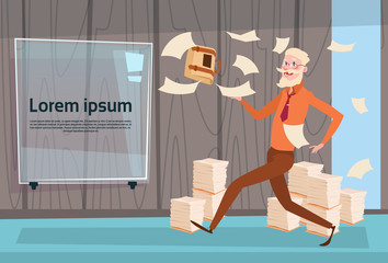 Senior Busy Business Man Run Throwing Paper Documents Paperwork Flat Vector Illustration