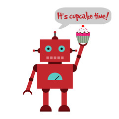 Vector illustration of a toy Robot with cupcake and text It's cupcake time!