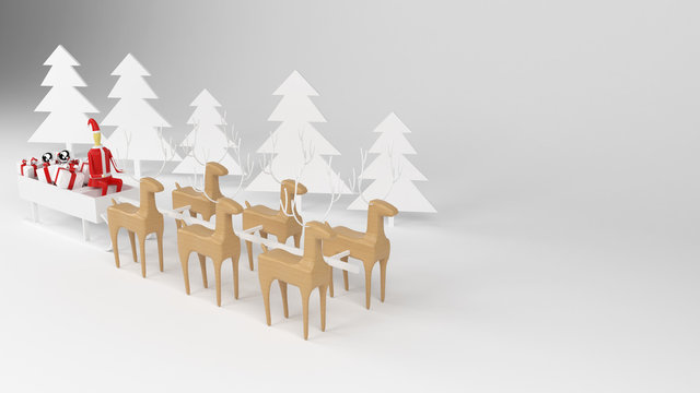 Santa Claus With Reindeer And Sleigh, Santa Sledge Full Of Gifts, White Background, 3D Illustration