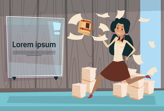 Indian Busy Business Woman Run Throwing Paper Documents Paperwork Flat Vector Illustration
