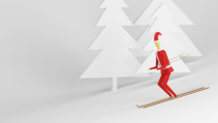 Santa Claus Skis Down The Hill, White Background, 3D Illustration