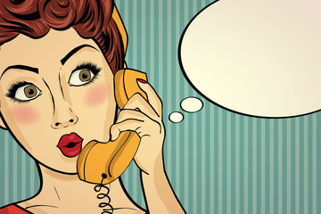 Surprised pop art woman chatting on retro phone . Comic woman wi - 130099294