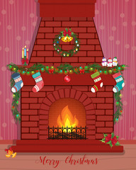 Christmas card with a decorated fireplace.