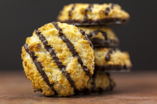 Stack of fresh chocolate dipped coconut macaroons