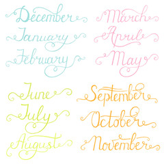 Handwritten months of the year: December, January, February, March, April, May, June, July, August, September, October, November. Calligraphy words for calendars and organizers.