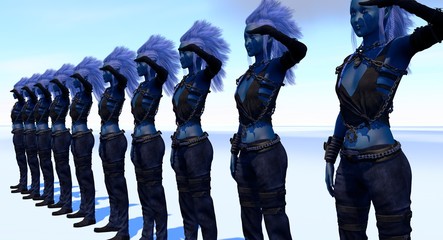 Female Alien Army in Space Salute 3D Rendering