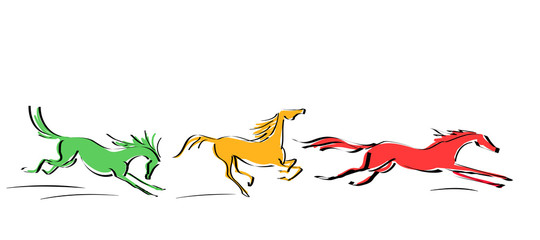 Set of galloping red, yellow, orange horses in motion on white background. Line hand drawing. Vector.