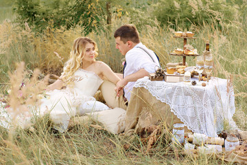 Bride and groom on wedding picnic Rustic