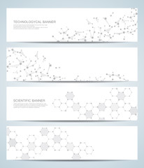 Set of modern scientific banners. Molecule structure DNA and neurons. Abstract background. Medicine, science, technology. Vector illustration for your design.
