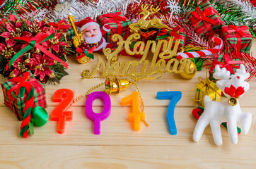 New Year decoration and wood background with copy space,Happy Ne