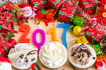 Obraz premium New Year decoration and wood background ,Happy New Year 2017. Ch