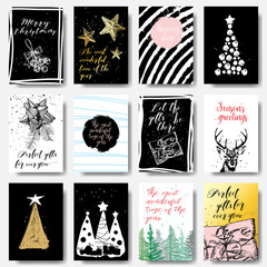 Hand drawn Christmas holiday gift tags collection. Set of 12 printable cards. Calligraphy and hand lettering. Vector.