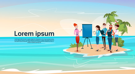 Business People Group Presentation Beach Seaside, Businesspeople Team Training Conference Meeting Flat Vector Illustration