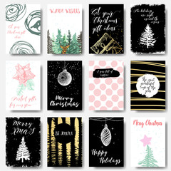 Set of creative 12 holiday cards. Christmas posters set. Templates for greeting, congratulations, invitations, magazine. Vector.