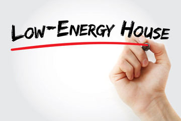 Hand writing Low-energy house with marker, concept background