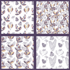 Scandinavian vector floral seamless pattern set. Simple hand drawn elements patterns collection in nordic style. Reapiting tileable compositions for your design.