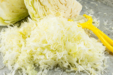 sliced cabbage and kitchen knife tool