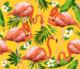 Naklejka premium Flamingo Bird and Tropical Flowers Background - Seamless pattern vector 