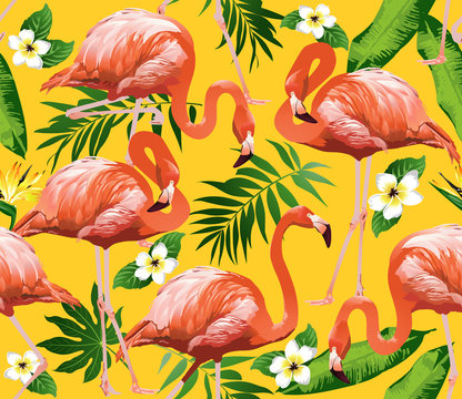 Flamingo Bird and Tropical Flowers Background - Seamless pattern vector 