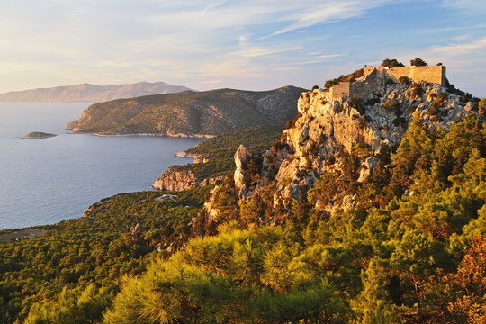 Monolithos Castle and Aegean Sea, Rhodes, Dodecanese, Greek Islands, Greece