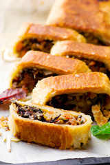MUNG BEAN, MUSHROOM AND VEGETABLE STRUDEL.