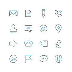 Contacts thin and colored outline icon set. Envelope, document, pencil, telephone, man, chat, email, address, arrow, flag and globe simple symbols on the white background.