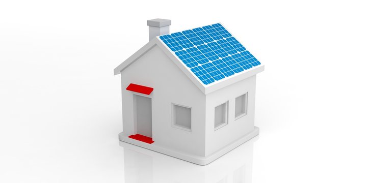 Small house with solar panels. 3d illustration