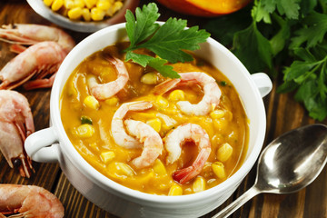 Pumpkin soup-puree with shrimp