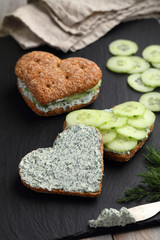 Heart shaped sandwiches with cream cheese