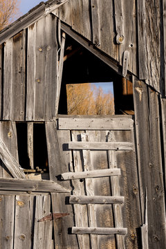 Weathered old barn ladder leads to window