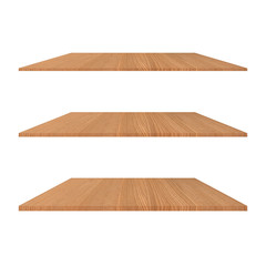 3 Wood Shelves Table isolated on white background with different perspective for decorative your product.