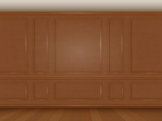 The wall decorated with wooden panels. Fragment of the classic luxurious interior of the office or living room. Architectural realistic vector background.